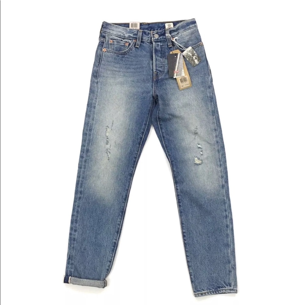 Levi’s wedgie fit selvedge distressed jeans denim